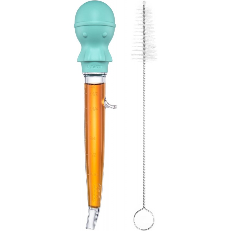 U-Taste 1.5oz Angled Turkey Baster - 228.2℉ Heat Resistant Food Grade Tritan and Silicone Large Octopus Bulb Baster Set with Cleaning Brush for Cooking Basting Meat Poultry Beef Chicken (Aqua Sky)