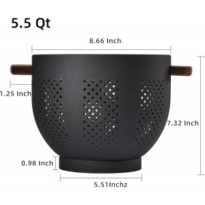 Metal Colander with Wood Handle and Stable Base, Powder Coated Steel Kitchen Strainer Basket for Draining Pasta, Vegetable and fruit(5.5quart,Matte Black)