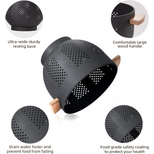 Metal Colander with Wood Handle and Stable Base, Powder Coated Steel Kitchen Strainer Basket for Draining Pasta, Vegetable and fruit(5.5quart,Matte Black)