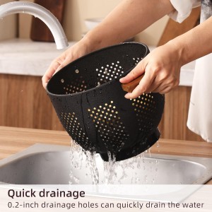 Metal Colander with Wood Handle and Stable Base, Powder Coated Steel Kitchen Strainer Basket for Draining Pasta, Vegetable and fruit(5.5quart,Matte Black)