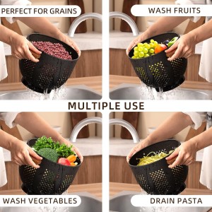 Metal Colander with Wood Handle and Stable Base, Powder Coated Steel Kitchen Strainer Basket for Draining Pasta, Vegetable and fruit(5.5quart,Matte Black)