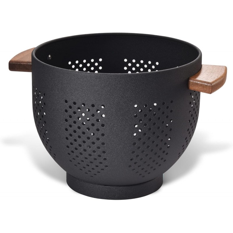 Metal Colander with Wood Handle and Stable Base, Powder Coated Steel Kitchen Strainer Basket for Draining Pasta, Vegetable and fruit(5.5quart,Matte Black)