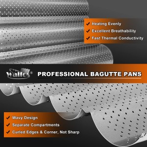 Walfos 2 Pack Nonstick Baguette Pans, No Coating Coming Off, Perforated 4 Loaves French Bread Pan, Long-lasting Baguettes Bakery Tray for Baking Molding, 15