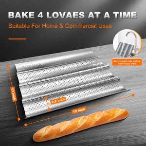 Walfos 2 Pack Nonstick Baguette Pans, No Coating Coming Off, Perforated 4 Loaves French Bread Pan, Long-lasting Baguettes Bakery Tray for Baking Molding, 15