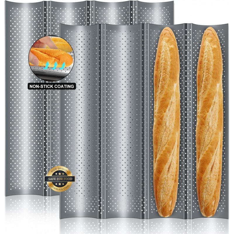 Walfos 2 Pack Nonstick Baguette Pans, No Coating Coming Off, Perforated 4 Loaves French Bread Pan, Long-lasting Baguettes Bakery Tray for Baking Molding, 15