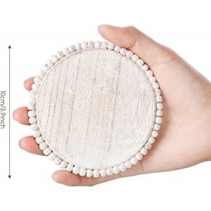 Honeydak 4 Pieces Wood Beaded Coasters 3.9 Inch Round Rustic Farmhouse Wooden Coasters for Drinks Decorative Table Top Wood Bar for Housewarming Home Kitchen(Beige)
