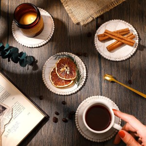 Honeydak 4 Pieces Wood Beaded Coasters 3.9 Inch Round Rustic Farmhouse Wooden Coasters for Drinks Decorative Table Top Wood Bar for Housewarming Home Kitchen(Beige)