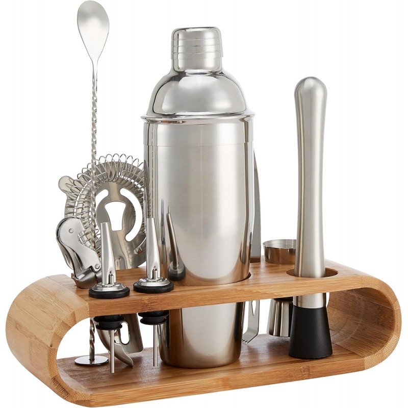 Amazon Basics 10-Piece Stainless Steel Cocktail Shaker Bar Tool Set with Bamboo Stand Holder, Home Bar Drink Mixing Accessories, Housewarming Gift