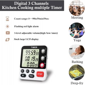Digital 3 Channels Kitchen Cooking Multiple Timer with Large LCD Count Up Down Stopwatch ON Off Switch Timer for Teaching Reading 3-Level Adjustable Volume with Magnetic Back (Style C)