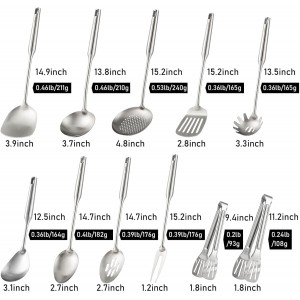 18/10 Stainless Steel Kitchen Utensils Set - 15” All Metal Cooking Tools, 11PCS - 2 Tongs, Fork, Solid Spoon, Slotted Spoon, Spatula, Soup Ladle, Skimmer, Slotted Spatula, Spaghetti Spoon, Large Spoon