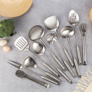 18/10 Stainless Steel Kitchen Utensils Set - 15” All Metal Cooking Tools, 11PCS - 2 Tongs, Fork, Solid Spoon, Slotted Spoon, Spatula, Soup Ladle, Skimmer, Slotted Spatula, Spaghetti Spoon, Large Spoon