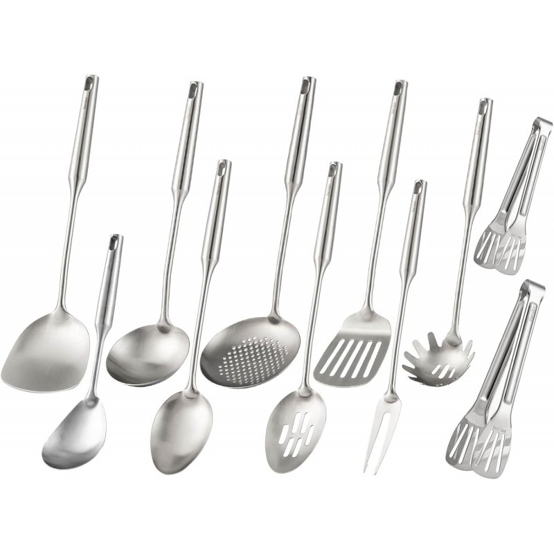18/10 Stainless Steel Kitchen Utensils Set - 15” All Metal Cooking Tools, 11PCS - 2 Tongs, Fork, Solid Spoon, Slotted Spoon, Spatula, Soup Ladle, Skimmer, Slotted Spatula, Spaghetti Spoon, Large Spoon