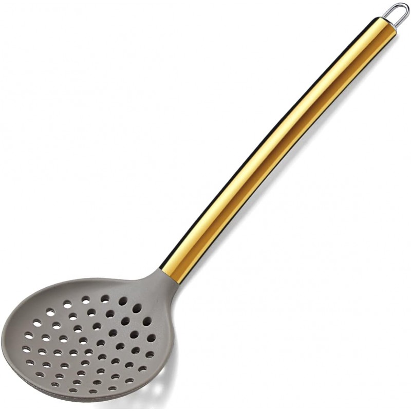 Gold Skimmer, Berglander Non-stick Silicone Strainer With Titanium Gold Plating handle, Kitchen Cooking Skimmers For Non-Stick Cookware, Dishwasher Safe, Easy to Clean
