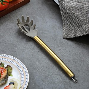 Gold Spaghetti Spoon, Berglander Non-stick Silicone Pasta Server With Titanium Gold Plating Handle, Spaghetti Server For Cooking, Pasta Fork, Noddle Fork, Dishwasher Safe, Easy to Clean