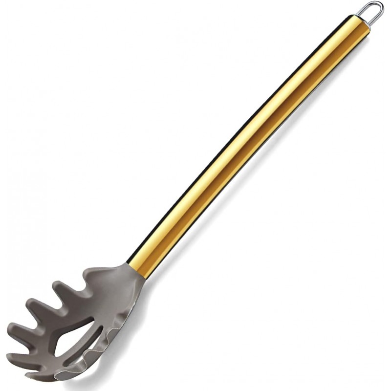 Gold Spaghetti Spoon, Berglander Non-stick Silicone Pasta Server With Titanium Gold Plating Handle, Spaghetti Server For Cooking, Pasta Fork, Noddle Fork, Dishwasher Safe, Easy to Clean