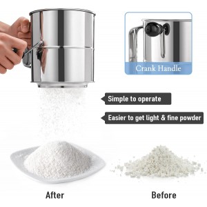PIQUEBAR Flour Sifter - 5 Cup Fine Mesh Hand Crank Sifter Stainless Steel with Agitator Wire Loop for Baking, Powdered Sugar Duster Set
