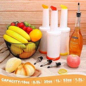 Chengu Fruit Juice Pour Bottles 34 oz Plastic Liquor Bar Supplies with Stainless Steel Bottle Pourer Tapered Spout for Cocktail Bartending Liquor Juice Store(Bright Colors,3 Pack)