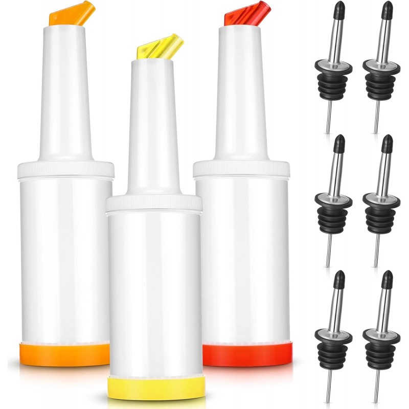 Chengu Fruit Juice Pour Bottles 34 oz Plastic Liquor Bar Supplies with Stainless Steel Bottle Pourer Tapered Spout for Cocktail Bartending Liquor Juice Store(Bright Colors,3 Pack)