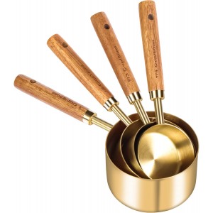 GuDoQi Gold Measuring Cups and Spoons Set of 8, Wood Handle with Metric and US Measurements, Premium Stainless Steel, Golden Polished Finish, Dry & Liquid Measuring Cup for Cooking and Baking