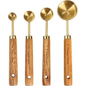 GuDoQi Gold Measuring Cups and Spoons Set of 8, Wood Handle with Metric and US Measurements, Premium Stainless Steel, Golden Polished Finish, Dry & Liquid Measuring Cup for Cooking and Baking