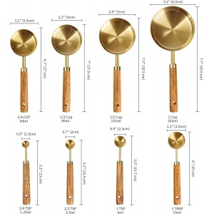 GuDoQi Gold Measuring Cups and Spoons Set of 8, Wood Handle with Metric and US Measurements, Premium Stainless Steel, Golden Polished Finish, Dry & Liquid Measuring Cup for Cooking and Baking