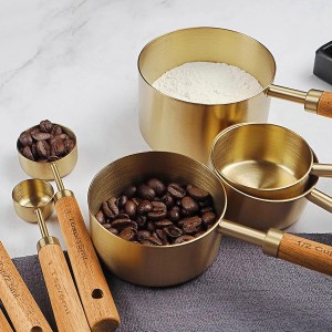 GuDoQi Gold Measuring Cups and Spoons Set of 8, Wood Handle with Metric and US Measurements, Premium Stainless Steel, Golden Polished Finish, Dry & Liquid Measuring Cup for Cooking and Baking