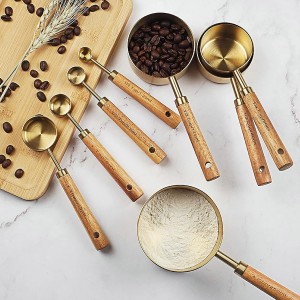 GuDoQi Gold Measuring Cups and Spoons Set of 8, Wood Handle with Metric and US Measurements, Premium Stainless Steel, Golden Polished Finish, Dry & Liquid Measuring Cup for Cooking and Baking
