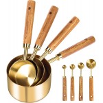 GuDoQi Gold Measuring Cups and Spoons Set of 8, Wood Handle with Metric and US Measurements, Premium Stainless Steel, Golden Polished Finish, Dry & Liquid Measuring Cup for Cooking and Baking