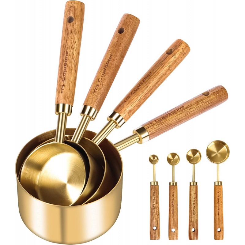 GuDoQi Gold Measuring Cups and Spoons Set of 8, Wood Handle with Metric and US Measurements, Premium Stainless Steel, Golden Polished Finish, Dry & Liquid Measuring Cup for Cooking and Baking