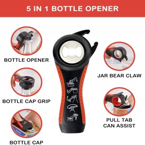 Jar Opener for Weak Hands, Seniors with Arthritis, 5 in 1 Multi Function Bottle Opener Lid Opener For Arthritic Hands with Non Slip Rubber Jar opener Gripper Pad(red)