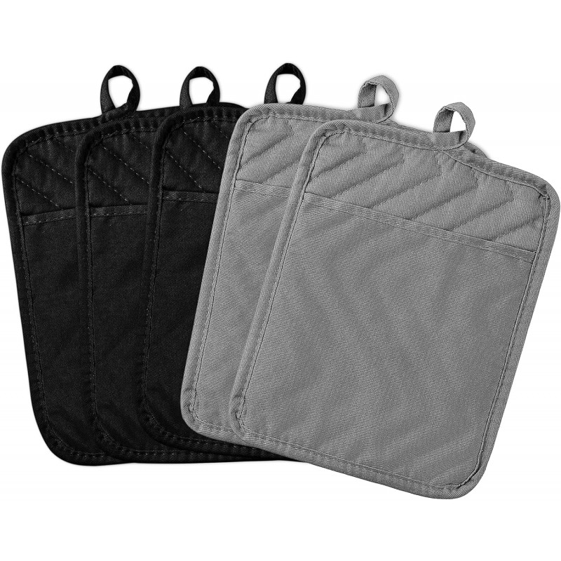 GROBRO7 5Pack Pot Holders for Kitchen Heat Resistant Cotton Potholder Multipurpose Hot Pad Machine Washable Oven Mitts with Pocket Potholders for Baking and Cooking 8.9 x 6.9 in Gray Black