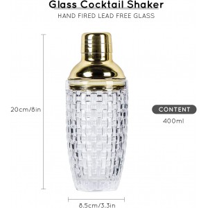 13 oz Glass Cocktail Shaker - Leakproof Shaker Set with Metallic Steel Lid & Built - in Strainer, Professional Bar Mixing Set for Martini, Whiskey, Margarita and More Drinks - Gold