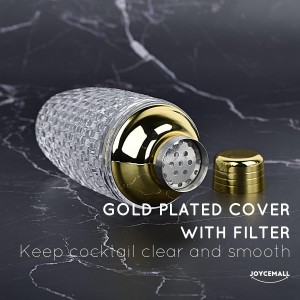 13 oz Glass Cocktail Shaker - Leakproof Shaker Set with Metallic Steel Lid & Built - in Strainer, Professional Bar Mixing Set for Martini, Whiskey, Margarita and More Drinks - Gold