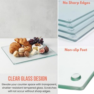 4 Pack Tempered Glass Cutting Board with Rubber Feet, Rectangle Non-slip Chopping Board, Long Lasting Clear Glass Tray for Kitchen Countertop, Table, Shatter-Resistant, Heat-Resistant, 2 Size