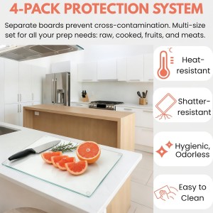 4 Pack Tempered Glass Cutting Board with Rubber Feet, Rectangle Non-slip Chopping Board, Long Lasting Clear Glass Tray for Kitchen Countertop, Table, Shatter-Resistant, Heat-Resistant, 2 Size
