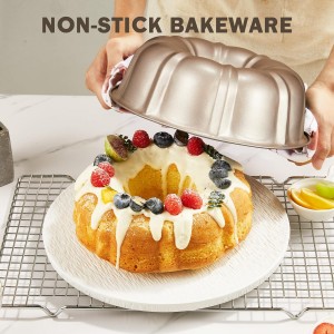 KITESSENSU 9 inch Non-Stick Cake Pans, 12 Cups Premium Fluted Cake Pans for baking, Heavy Duty Carbon Steel Tube Pan Baking Mold, Champagne Gold