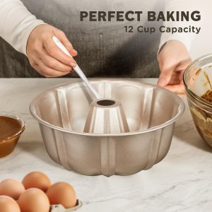 KITESSENSU 9 inch Non-Stick Cake Pans, 12 Cups Premium Fluted Cake Pans for baking, Heavy Duty Carbon Steel Tube Pan Baking Mold, Champagne Gold