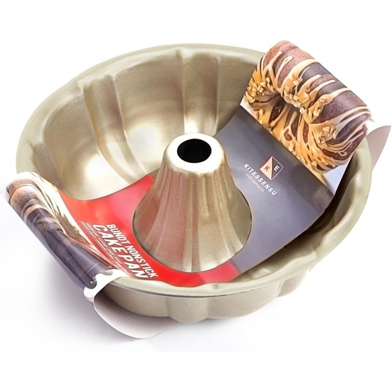 KITESSENSU 9 inch Non-Stick Cake Pans, 12 Cups Premium Fluted Cake Pans for baking, Heavy Duty Carbon Steel Tube Pan Baking Mold, Champagne Gold