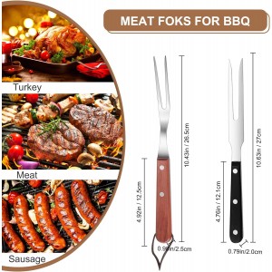 2 Pieces Meat Fork Stainless Steel Carving Fork with Wood Handle Cooking BBQ Grill Steak Tool for Kitchen Barbecue Serving Cooking Grilling Roasting 10.5 Inches, Round Handle