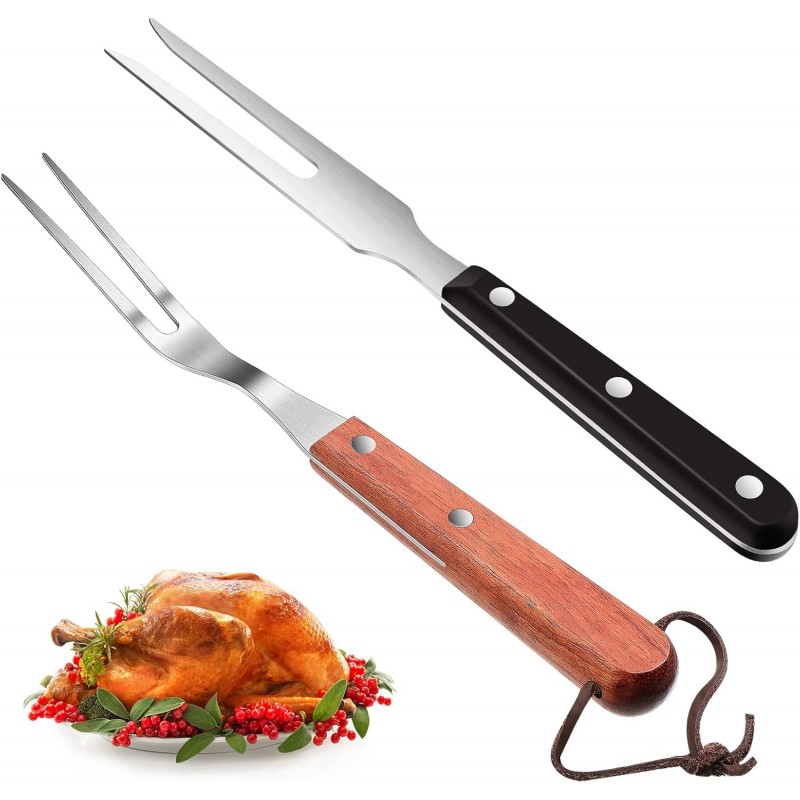 2 Pieces Meat Fork Stainless Steel Carving Fork with Wood Handle Cooking BBQ Grill Steak Tool for Kitchen Barbecue Serving Cooking Grilling Roasting 10.5 Inches, Round Handle