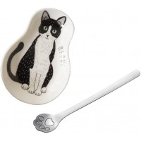 Coffee Spoon Rests and Spoon - Ceramic Cute Cat Spoon Rest Teaspoon Holder Coffee Station Decor Coffee bar Coffee Stirrers Holder for Home Kitchen accessories