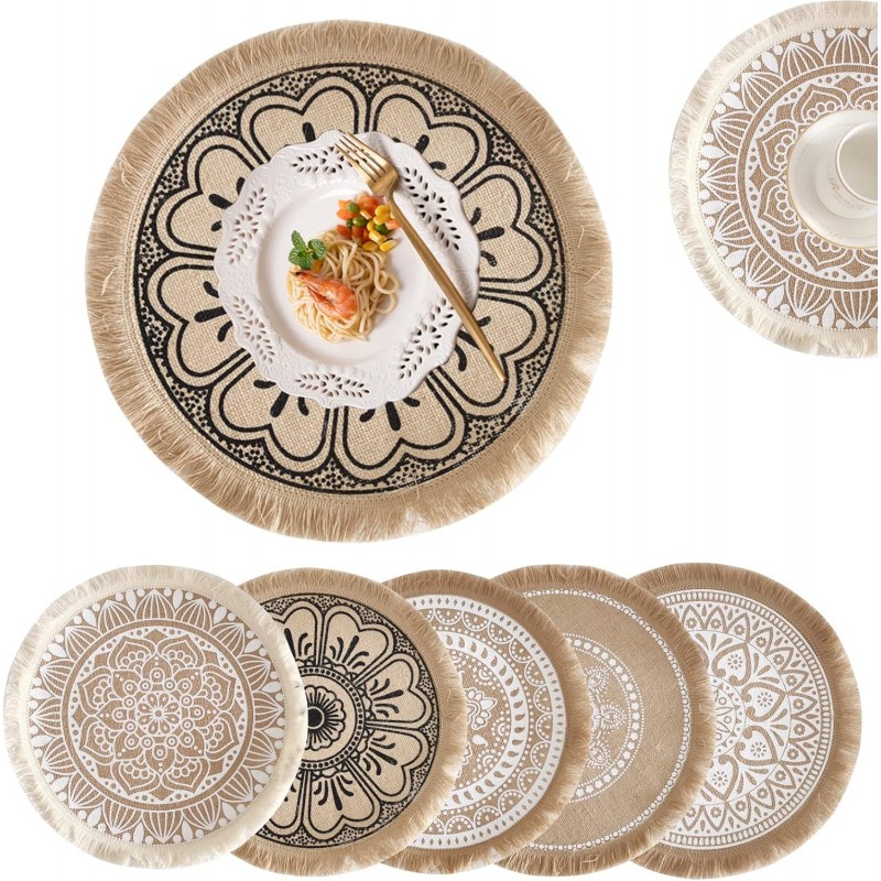 Kitchen Table Placemats Set of 6 with，Round HandmadeWoven Fringe Placemat，for Dining Room, Kitchen, Place Mats for Parties,Use-Size 13×13 Inches