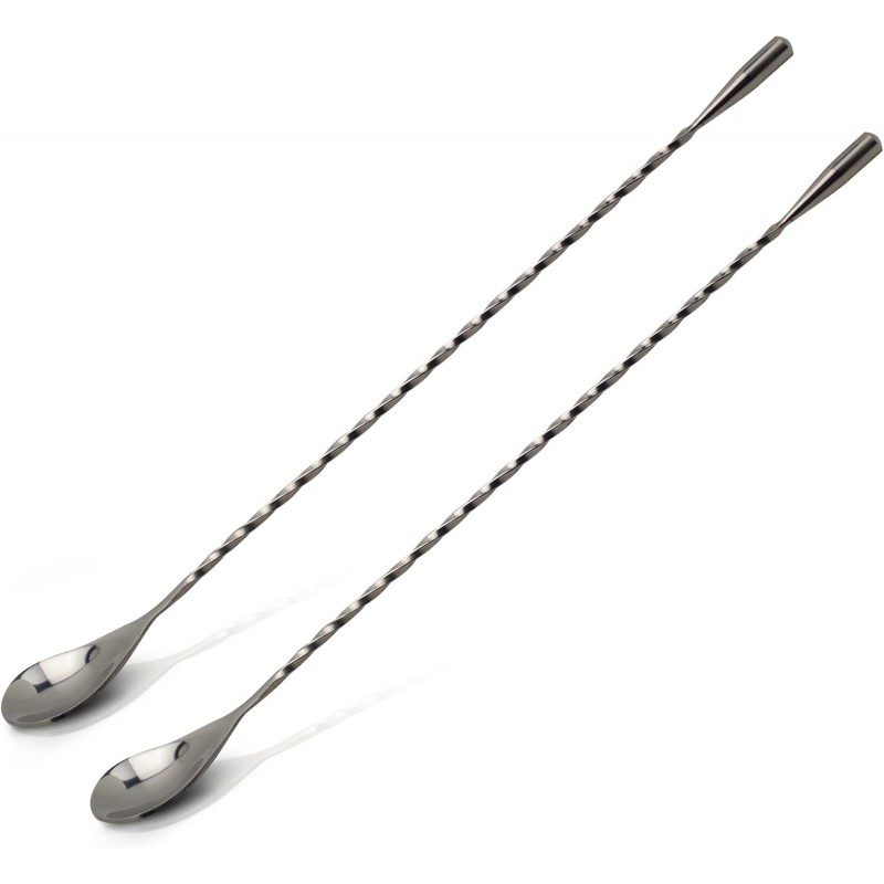 Bar Spoon: 12.5” Stainless Steel Cocktail Mixing Spoon, Long Handle Spiral Design with Weighted Teardrop End (Set of 2)