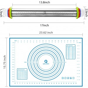 Rolling Pin and Pastry Baking Mat Set, Rolling Pins with Adjustable Thickness Rings, Stainless Steel Dough Roller for Baking Fondant, Pizza, Pie, Pastry, Pasta, Cookies (Blue)