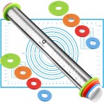 Rolling Pin and Pastry Baking Mat Set, Rolling Pins with Adjustable Thickness Rings, Stainless Steel Dough Roller for Baking Fondant, Pizza, Pie, Pastry, Pasta, Cookies (Blue)