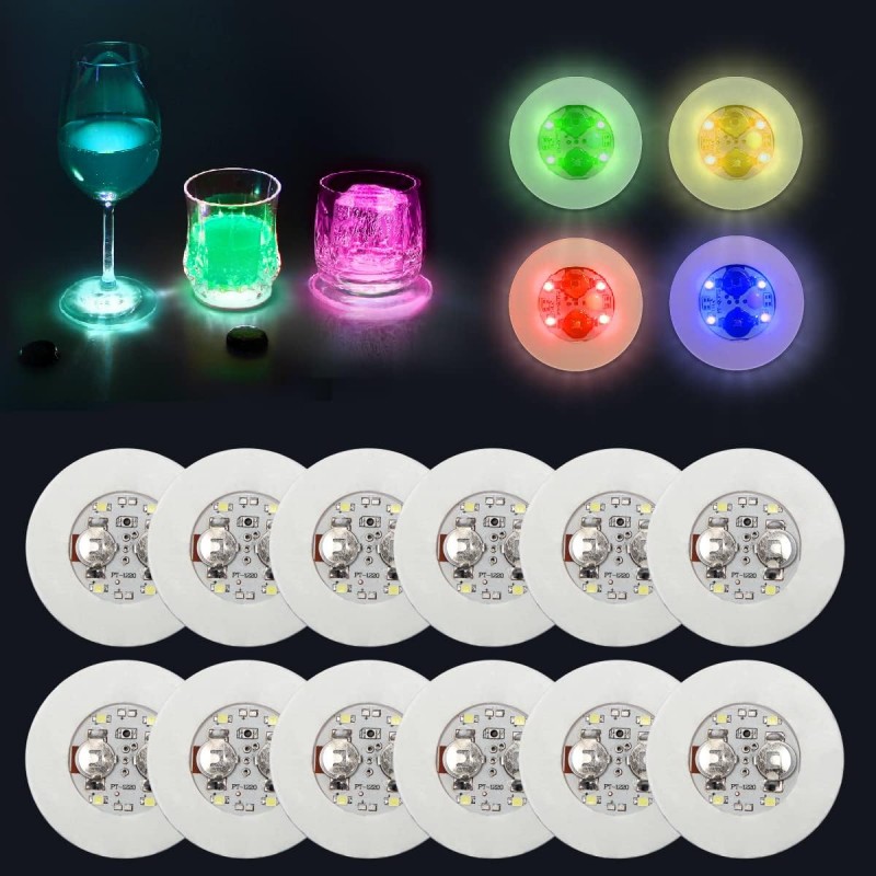 AHIIER 12 Pcs RGB Led Coasters - Multicolor Led Bar Coaster with 7 Colors, Bottle Lights and Sticker Lights for Party, Wedding, Bar