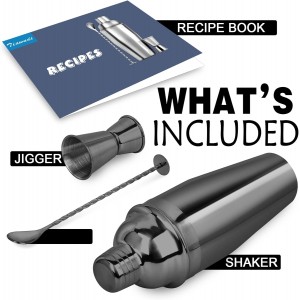 Large 24oz Cocktail Shaker Set, Stainless Steel 18/8 Martini Mixer Shaker with Built-in Strainer, Measuring Jigger & Mixing Spoon, Martini Shaker Set, Perfect for Bartender and Home Use, Black