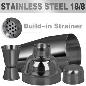 Large 24oz Cocktail Shaker Set, Stainless Steel 18/8 Martini Mixer Shaker with Built-in Strainer, Measuring Jigger & Mixing Spoon, Martini Shaker Set, Perfect for Bartender and Home Use, Black