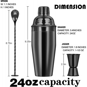 Large 24oz Cocktail Shaker Set, Stainless Steel 18/8 Martini Mixer Shaker with Built-in Strainer, Measuring Jigger & Mixing Spoon, Martini Shaker Set, Perfect for Bartender and Home Use, Black