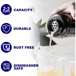 Large 24oz Cocktail Shaker Set, Stainless Steel 18/8 Martini Mixer Shaker with Built-in Strainer, Measuring Jigger & Mixing Spoon, Martini Shaker Set, Perfect for Bartender and Home Use, Black